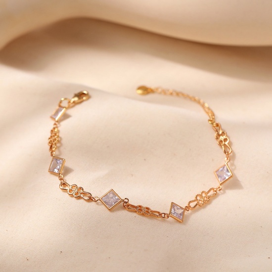 Immagine di 1 Pz Placcatura Sottovuoto Ecologica Dolce & Carino Elegante 18K Vero Oro Placcato Ottone & Strass Rombo Nodo Cinese Braccialetti Per Donne Festa 16.5cm Lunghezza