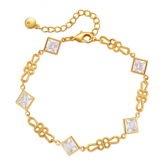 Immagine di 1 Pz Placcatura Sottovuoto Ecologica Dolce & Carino Elegante 18K Vero Oro Placcato Ottone & Strass Rombo Nodo Cinese Braccialetti Per Donne Festa 16.5cm Lunghezza