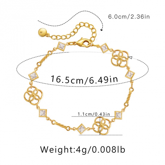 Picture of 1 Piece Eco-friendly Vacuum Plating Sweet & Cute Stylish 18K Real Gold Plated Brass & Rhinestone Flower Rhombus Bracelets For Women Party 16.5cm(6 4/8") long