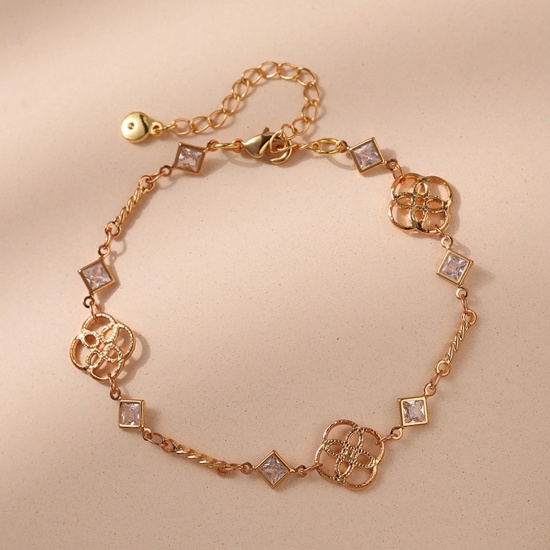 Immagine di 1 Pz Placcatura Sottovuoto Ecologica Dolce & Carino Elegante 18K Vero Oro Placcato Ottone & Strass Fiore Rombo Braccialetti Per Donne Festa 16.5cm Lunghezza