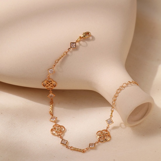 Picture of 1 Piece Eco-friendly Vacuum Plating Sweet & Cute Stylish 18K Real Gold Plated Brass & Rhinestone Flower Rhombus Bracelets For Women Party 16.5cm(6 4/8") long