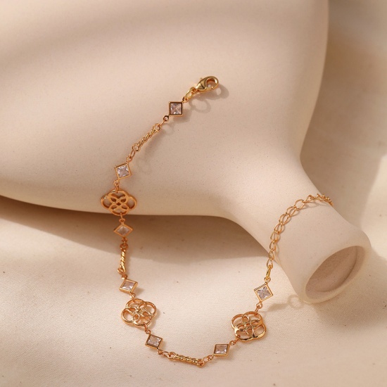 Immagine di 1 Pz Placcatura Sottovuoto Ecologica Dolce & Carino Elegante 18K Vero Oro Placcato Ottone & Strass Fiore Rombo Braccialetti Per Donne Festa 16.5cm Lunghezza