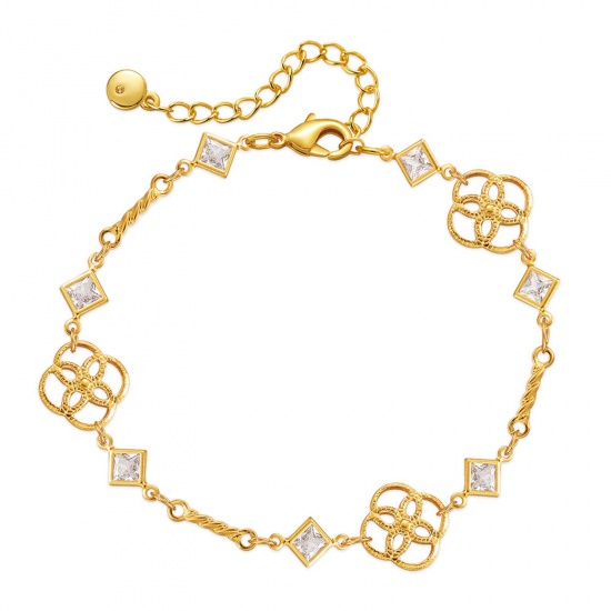 Picture of 1 Piece Eco-friendly Vacuum Plating Sweet & Cute Stylish 18K Real Gold Plated Brass & Rhinestone Flower Rhombus Bracelets For Women Party 16.5cm(6 4/8") long