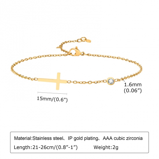 Picture of 1 Piece Eco-friendly Simple & Casual Exquisite 18K Gold Color 304 Stainless Steel & Rhinestone Link Cable Chain Cross Anklet For Women Party 21cm-26cm long