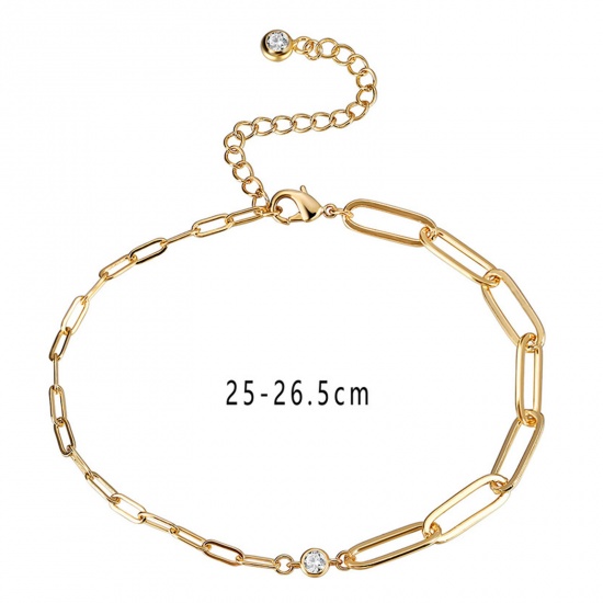 Picture of 1 Piece Eco-friendly Vacuum Plating Simple & Casual Simple 18K Real Gold Plated Brass & Rhinestone Paperclip Chain Splicing Anklet For Women Party 25cm(9 7/8") long