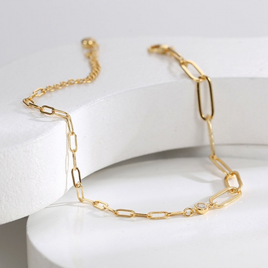 Picture of 1 Piece Eco-friendly Vacuum Plating Simple & Casual Simple 18K Real Gold Plated Brass & Rhinestone Paperclip Chain Splicing Anklet For Women Party 25cm(9 7/8") long