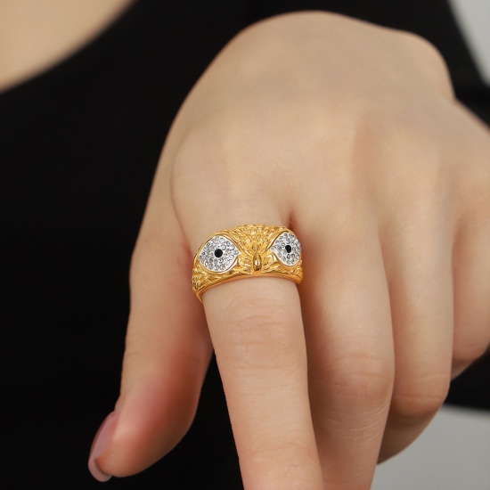 Picture of 1 Piece Eco-friendly Vacuum Plating Simple & Casual Retro 18K Real Gold Plated Transparent Clear 304 Stainless Steel & Rhinestone Unadjustable Owl Animal Rings For Women 17.3mm(US Size 7)