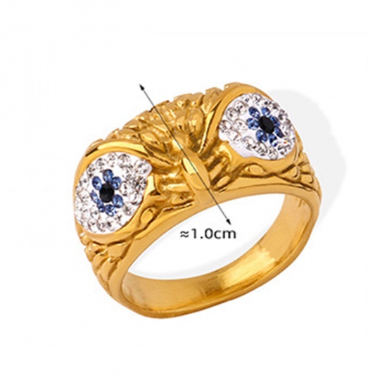 Picture of 1 Piece Eco-friendly Vacuum Plating Simple & Casual Retro 18K Real Gold Plated Transparent Clear 304 Stainless Steel & Rhinestone Unadjustable Owl Animal Rings For Women 17.3mm(US Size 7)