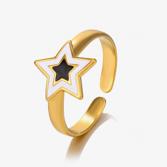 Picture of 1 Piece Vacuum Plating Retro Simple 18K Gold Plated Black & White 304 Stainless Steel Open Pentagram Star Enamel Rings For Women Party 17mm(US Size 6.5)