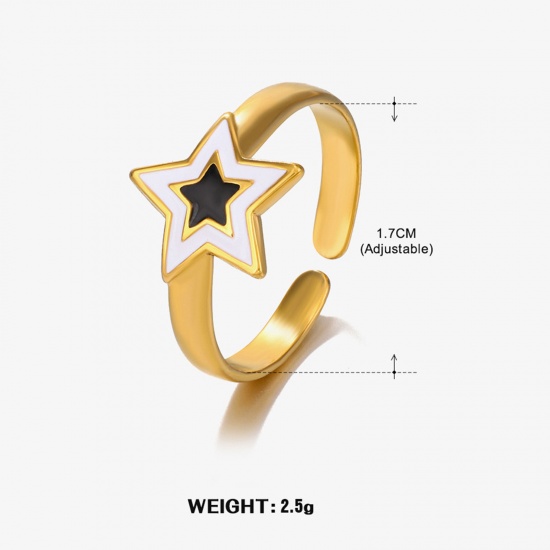 Picture of 1 Piece Vacuum Plating Retro Simple 18K Gold Plated Black & White 304 Stainless Steel Open Pentagram Star Enamel Rings For Women Party 17mm(US Size 6.5)