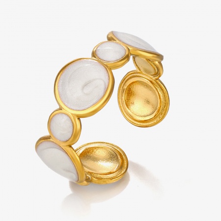 Bild von Großhandel Unisex Geschenk Rund Weiß Emaille Offen Verstellbar Ring, 18K Vergoldet 304 Edelstahl, Umweltfreundliche PVD-Vakuumbeschichtung Stilvoll Retro Schmuckbedarf, 17mm (US Größe 6.5), 1 Stück