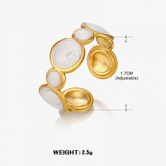 Picture of 1 Piece Vacuum Plating Retro Simple 18K Gold Plated White 304 Stainless Steel Open Round Enamel Rings For Women Party 17mm(US Size 6.5)