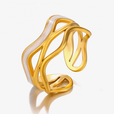 Bild von Großhandel Unisex Geschenk Welle Streifen Weiß Emaille Offen Verstellbar Ring, 18K Vergoldet 304 Edelstahl, Umweltfreundliche PVD-Vakuumbeschichtung Stilvoll Retro Schmuckbedarf, 17mm (US Größe 6.5), 1 Stück