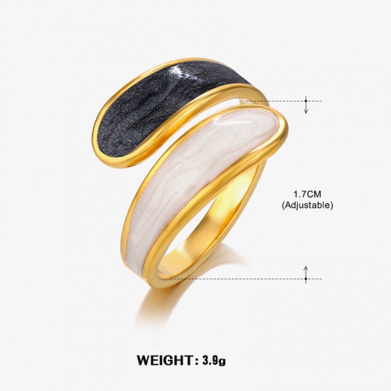 Picture of 1 Piece Vacuum Plating Retro Simple 18K Gold Color Black & White 304 Stainless Steel Open Enamel Rings For Women Party 17mm(US Size 6.5)