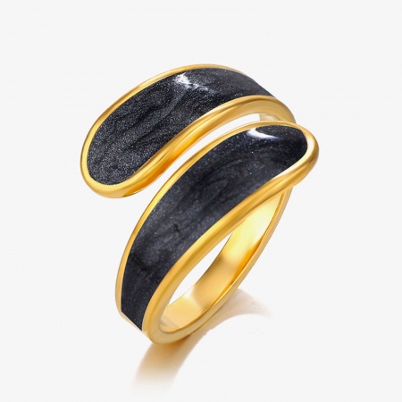 Bild von Großhandel Unisex Geschenk Schwarz Emaille Offen Verstellbar Ring, 18K Vergoldet 304 Edelstahl, Umweltfreundliche PVD-Vakuumbeschichtung Stilvoll Retro Schmuckbedarf, 17mm (US Größe 6.5), 1 Stück