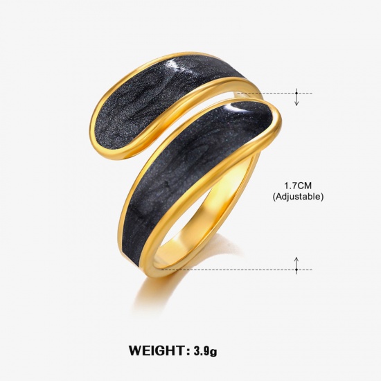 Picture of 1 Piece Vacuum Plating Retro Simple 18K Gold Plated Black 304 Stainless Steel Open Enamel Rings For Women Party 17mm(US Size 6.5)