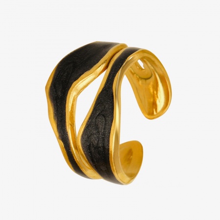 Picture of Wholesale Unisex Gift Black Enamel Open Adjustable Rings, 18K Gold Plated 304 Stainless Steel, Eco-friendly PVD Vacuum Plating Stylish Retro Jewelry Supply, 17mm(US Size 6.5), 1 Piece