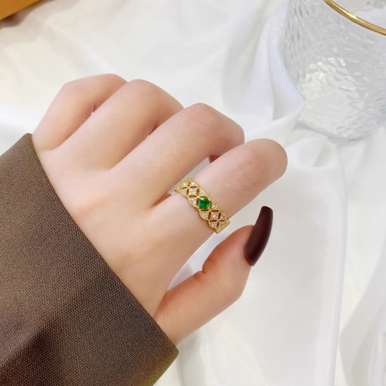 Picture of 1 Piece Eco-friendly Exquisite Elegant 18K Gold Color Brass & Rhinestone Open Fan-shaped Lace Rings For Women Party 17mm(US Size 6.5)