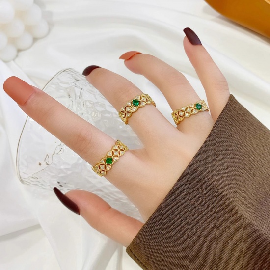 Picture of 1 Piece Eco-friendly Exquisite Elegant 18K Gold Color Brass & Rhinestone Open Fan-shaped Lace Rings For Women Party 17mm(US Size 6.5)