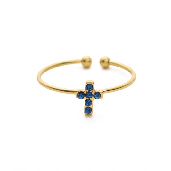 Picture of 1 Piece Eco-friendly Vacuum Plating Stylish Religious 18K Real Gold Plated Dark Blue 304 Stainless Steel & Rhinestone Open Cross Micro Pave Rings For Women Coming-of-age Gift 18mm(US Size 7.75)