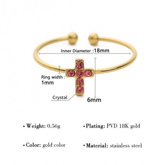 Picture of 1 Piece Eco-friendly Vacuum Plating Stylish Religious 18K Real Gold Plated Green 304 Stainless Steel & Rhinestone Open Cross Micro Pave Rings For Women Coming-of-age Gift 18mm(US Size 7.75)