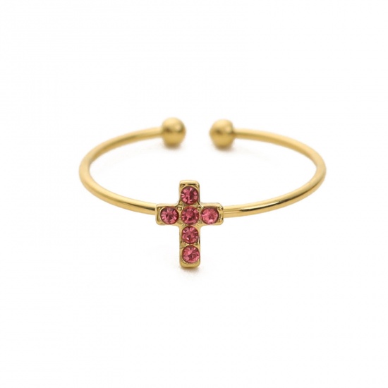 Picture of 1 Piece Eco-friendly Vacuum Plating Stylish Religious 18K Real Gold Plated Pink 304 Stainless Steel & Rhinestone Open Cross Micro Pave Rings For Women Coming-of-age Gift 18mm(US Size 7.75)