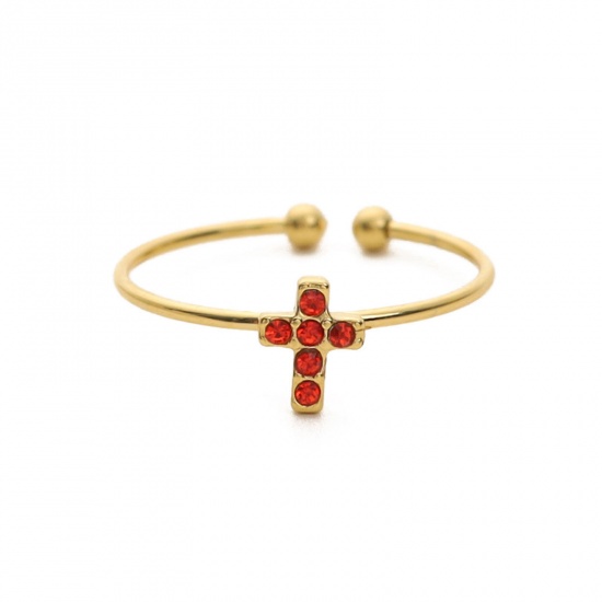 Picture of 1 Piece Eco-friendly Vacuum Plating Stylish Religious 18K Real Gold Plated Red 304 Stainless Steel & Rhinestone Open Cross Micro Pave Rings For Women Coming-of-age Gift 18mm(US Size 7.75)