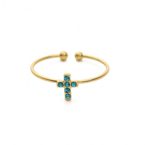 Picture of 1 Piece Eco-friendly Vacuum Plating Stylish Religious 18K Real Gold Plated Light Blue 304 Stainless Steel & Rhinestone Open Cross Micro Pave Rings For Women Coming-of-age Gift 18mm(US Size 7.75)