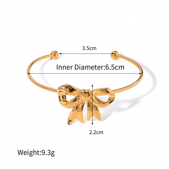 Picture of 1 Piece Eco-friendly Vacuum Plating Stylish Ins Style 18K Real Gold Plated 304 Stainless Steel Bowknot Open Cuff Bangles Bracelets For Women Party 6.5mm Dia.