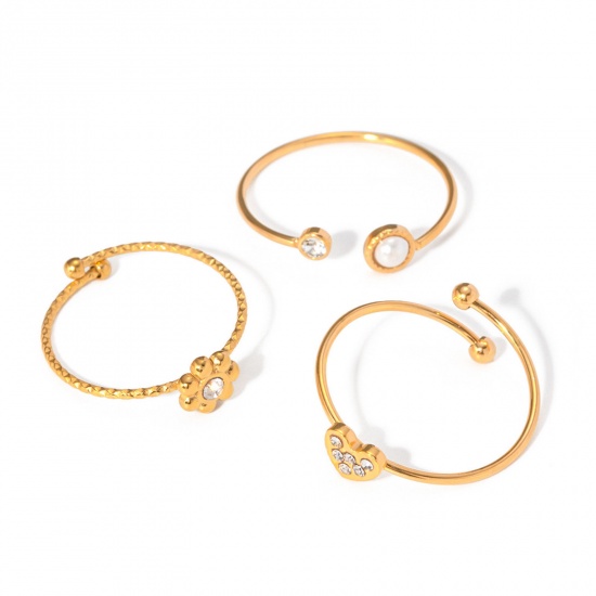 Immagine di 1 Serie Placcatura Sottovuoto Ecologica Dolce & Carino Stile Ins 18K Oro riempito 304 Acciaio Inossidabile & Strass Aperto Regolabile Fiore Cuore Serie di Gioielli Per Donne Festa 17mm (taglia di US: 6.5)