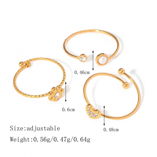 Image de 1 Kit Placage Sous Vide Écologique Sucré & Mignon Ensemble de Bijoux Ouvert Ajoustable Style Ins en 304 Acier Inoxydable & Strass 18k Or Rempli Fleur Cœur Pour Femmes Fête 17mm (Taille d'US 6.5)