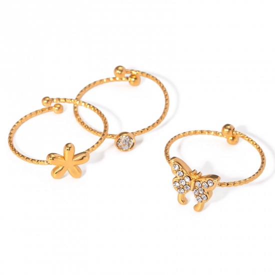 Immagine di 1 Serie Placcatura Sottovuoto Ecologica Dolce & Carino Stile Ins 18K Oro riempito 304 Acciaio Inossidabile & Strass Aperto Regolabile Fiore Farfalla Serie di Gioielli Per Donne Festa 17mm (taglia di US: 6.5)