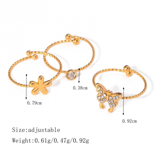 Image de 1 Kit Placage Sous Vide Écologique Sucré & Mignon Ensemble de Bijoux Ouvert Ajoustable Style Ins en 304 Acier Inoxydable & Strass 18k Or Rempli Fleur Papillons Pour Femmes Fête 17mm (Taille d'US 6.5)