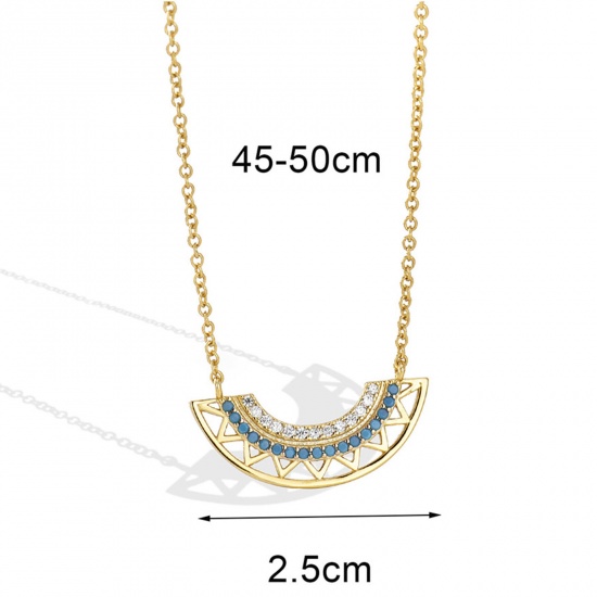 Picture of 1 Piece Eco-friendly Vacuum Plating Bohemia Boho Ethnic 18K Real Gold Plated Brass & Rhinestone Link Cable Chain Fan-shaped Filigree With Resin Cabochons Imitation Turquoise Pendant Necklace For Women Party 45cm(17 6/8") long