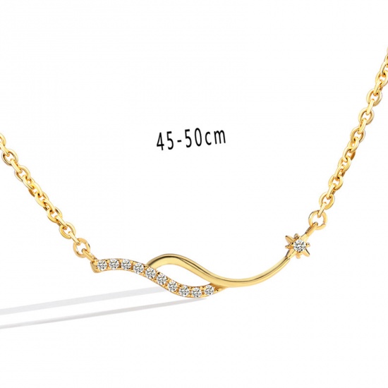 Picture of 1 Piece Eco-friendly Vacuum Plating Stylish Exquisite 18K Real Gold Plated Brass & Rhinestone Link Cable Chain Wave Streak Pendant Necklace For Women Party 45cm(17 6/8") long