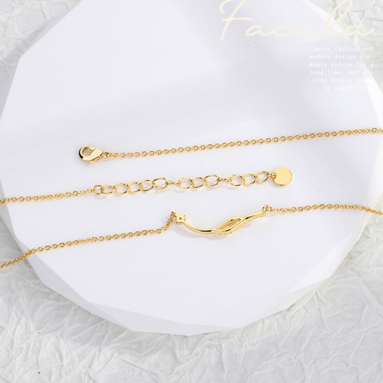 Picture of 1 Piece Eco-friendly Vacuum Plating Stylish Exquisite 18K Real Gold Plated Brass & Rhinestone Link Cable Chain Wave Streak Pendant Necklace For Women Party 45cm(17 6/8") long