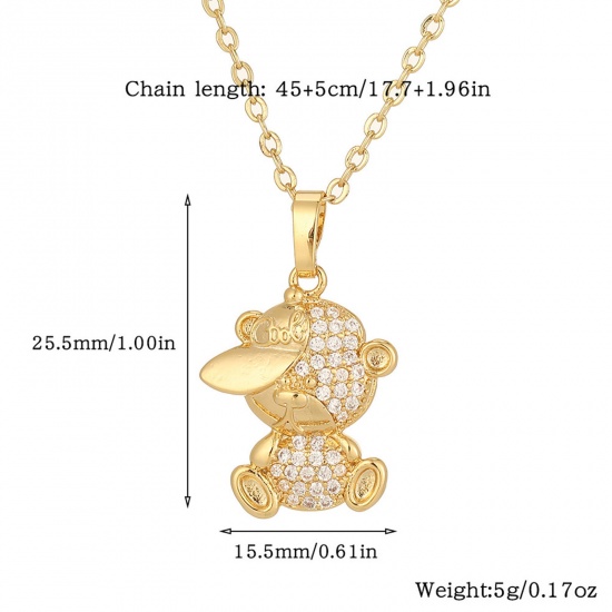 Picture of 1 Piece Eco-friendly Stylish Hip-Hop 18K Gold Color Transparent Clear Brass & Rhinestone Rolo Chain Bear Animal Micro Pave Pendant Necklace For Women Coming-of-age Gift 45cm(17 6/8") long