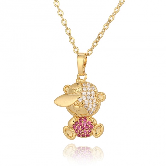 Picture of 1 Piece Eco-friendly Stylish Hip-Hop 18K Gold Color Fuchsia Brass & Rhinestone Rolo Chain Bear Animal Micro Pave Pendant Necklace For Women Coming-of-age Gift 45cm(17 6/8") long