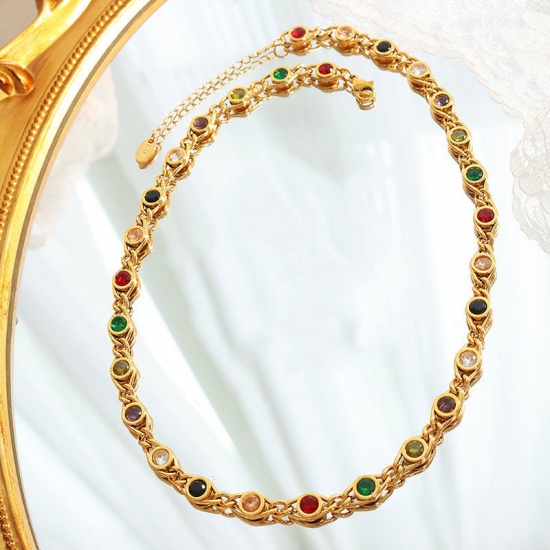 Picture of 1 Piece Eco-friendly Vacuum Plating Stylish Birthstone 18K Real Gold Plated Brass & Rhinestone Flower Chain Necklace Eye Necklace For Women Birthday 40cm(15 6/8") long