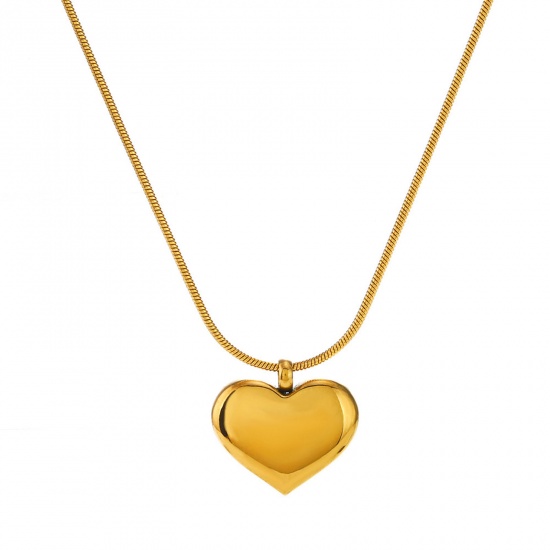 Picture of 1 Piece Vacuum Plating Simple & Casual Valentine's Day 18K Gold Color 304 Stainless Steel Snake Chain Heart Pendant Necklace For Women Party 40cm(15 6/8") long