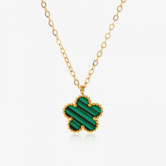 Picture of 1 Piece Eco-friendly Natural Pastoral Exquisite 18K Gold Plated Green 304 Stainless Steel & Acrylic Rolo Chain Flower Stripe Pendant Necklace For Women Party 40cm(15 6/8") long