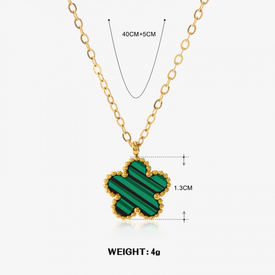 Picture of 1 Piece Eco-friendly Natural Pastoral Exquisite 18K Gold Color Green 304 Stainless Steel & Acrylic Rolo Chain Flower Stripe Pendant Necklace For Women Party 40cm(15 6/8") long