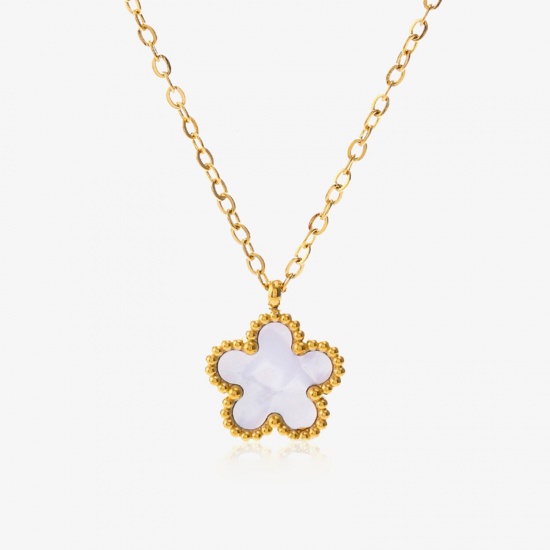 Picture of 1 Piece Eco-friendly Natural Pastoral Exquisite 18K Gold Color White 304 Stainless Steel & Acrylic Rolo Chain Flower Pendant Necklace For Women Party 40cm(15 6/8") long