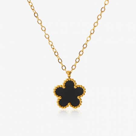 Image de Collier à Breloques En Gros Plaqué Or 18K en 304 Acier Inoxydable & Acrylique, Fleur Noir Chaîne Maille Jaseron, aux Femmes Respectueux de la Nature Exquis Pastorale Naturelle Fête Bijoux pour Détaillants 40cm long, 1 Pièce
