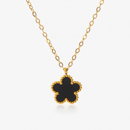 Picture of 1 Piece Eco-friendly Natural Pastoral Exquisite 18K Gold Color Black 304 Stainless Steel & Acrylic Rolo Chain Flower Pendant Necklace For Women Party 40cm(15 6/8") long