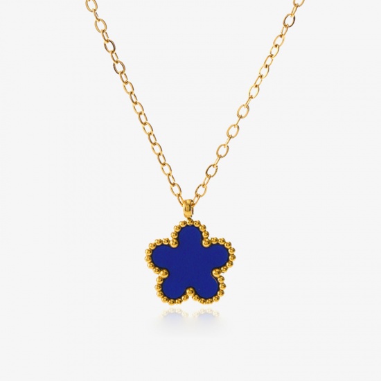 Picture of 1 Piece Eco-friendly Natural Pastoral Exquisite 18K Gold Color Blue 304 Stainless Steel & Acrylic Rolo Chain Flower Pendant Necklace For Women Party 40cm(15 6/8") long