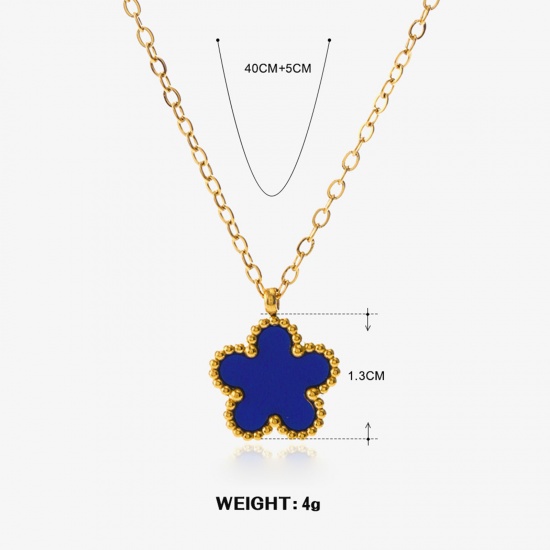 Picture of 1 Piece Eco-friendly Natural Pastoral Exquisite 18K Gold Color Blue 304 Stainless Steel & Acrylic Rolo Chain Flower Pendant Necklace For Women Party 40cm(15 6/8") long