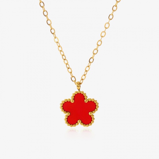 Picture of 1 Piece Eco-friendly Natural Pastoral Exquisite 18K Gold Plated Red 304 Stainless Steel & Acrylic Rolo Chain Flower Pendant Necklace For Women Party 40cm(15 6/8") long