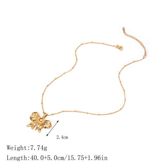 Picture of 1 Piece Eco-friendly Vacuum Plating Stylish Ins Style 18K Real Gold Plated 304 Stainless Steel Ball Chain Bowknot Pendant Necklace For Women Party 40cm(15 6/8") long