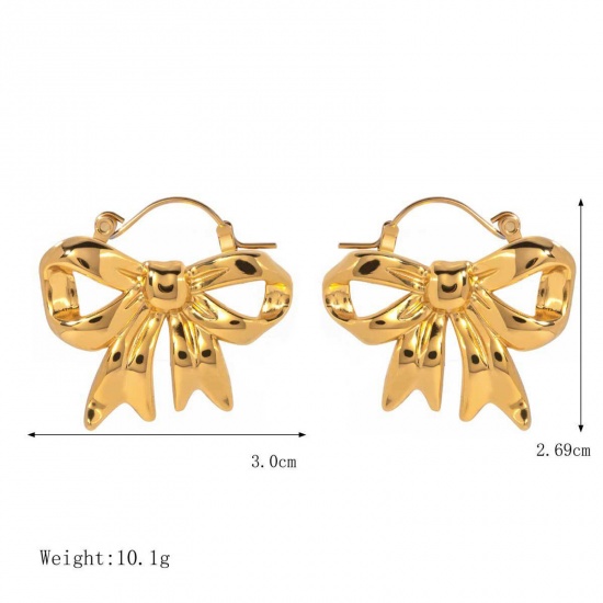 Picture of 1 Pair Eco-friendly Vacuum Plating Stylish Ins Style 18K Real Gold Plated 304 Stainless Steel Bowknot Hoop Earrings For Women Party 3cm x 2.7cm